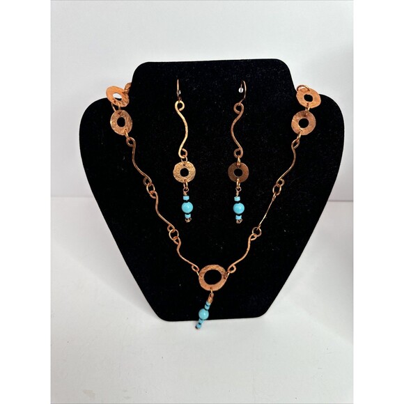 Copper Wire Necklace Earrings Set With Turquoise Gemstones Hand Crafted Boho - Picture 2 of 15